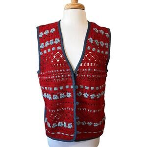 Koret City Blues Denim Crochet Vest Women's M Red White & Blue Country Cottage